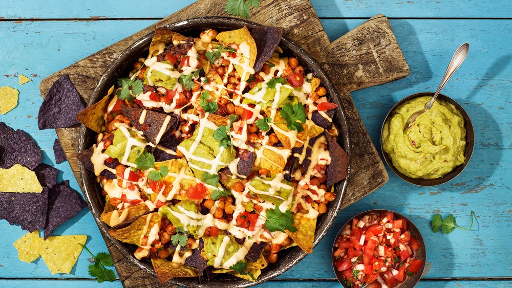 Dirty nachos with roasted hot chickpeas