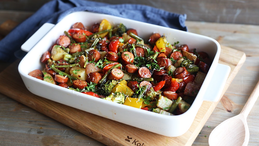 Pølsepanne med masse grønt