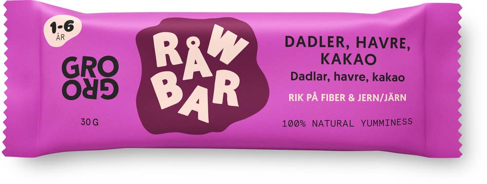 GroGro Råwbar Dadlar, Havre & Kakao 1-6 År