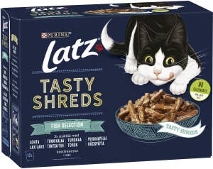 Latz Kattmat Tasty Shreds Lax/Tonfisk/Torsk/Rödspätta 12x80g