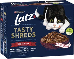 Latz Kattmat Tasty Shreds Oxkött/Kyckling/Anka/Kalkon 12x80g