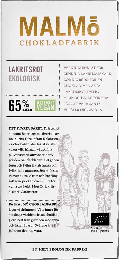 Malmö Chokladfabrik Choklad Lakritsrot 65% EKO