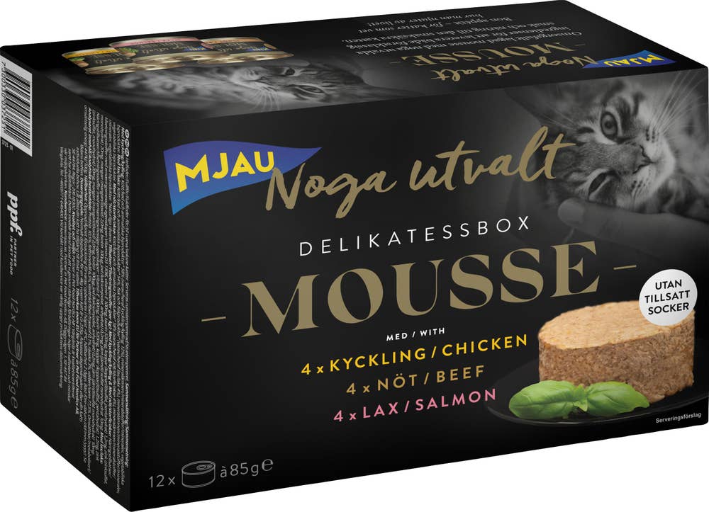 Mjau Kattmat Mousse Delikatessbox Kyckling/Nöt/Lax 12x85g