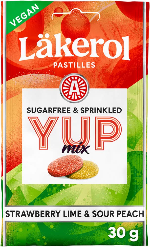 Läkerol Halstabletter Yup Jordgubb Lime & Sur Persika Sockerfri