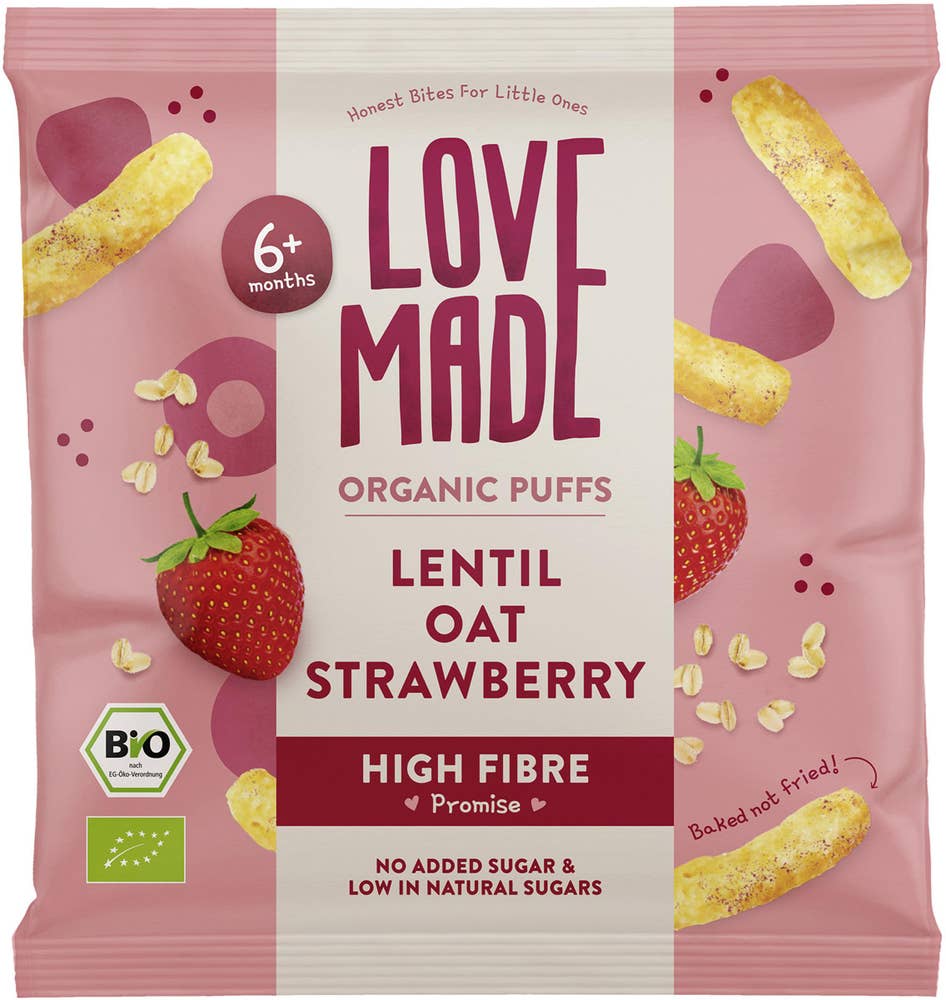 LoveMade Organics Puffs Lins Havre Jordgubb 6M EKO