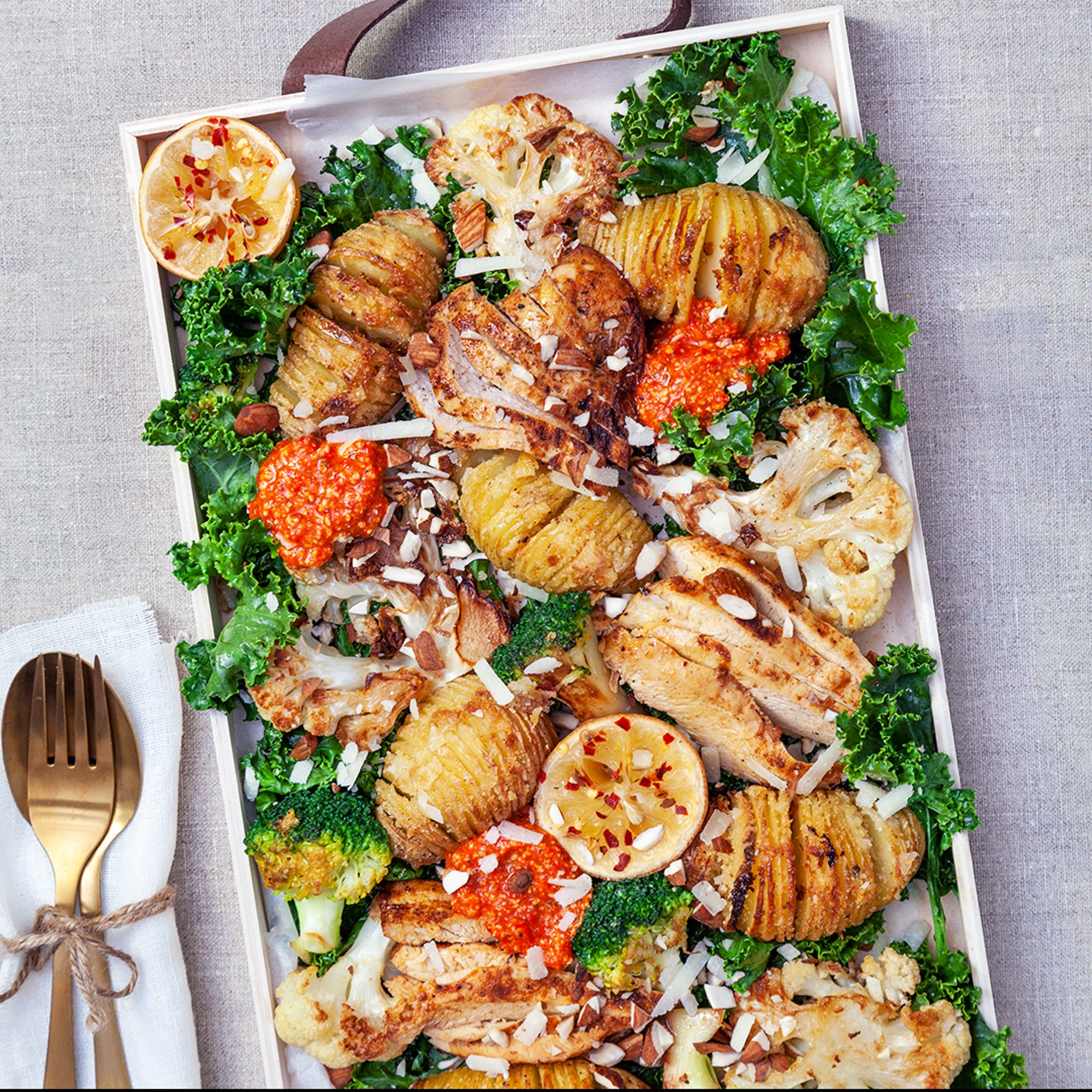 Hasselbackspotatis med rostade grönsaker, kyckling och grillad paprikakräm