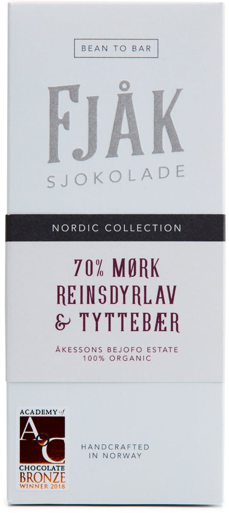 Fjåk Økologisk Reinsdyrlav & Tyttebær 70% Mørk Sjokolade