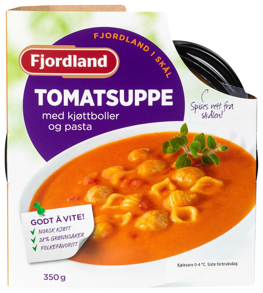 Fjordland Kremet Tomatsuppe Med Kjøttboller og Pasta
