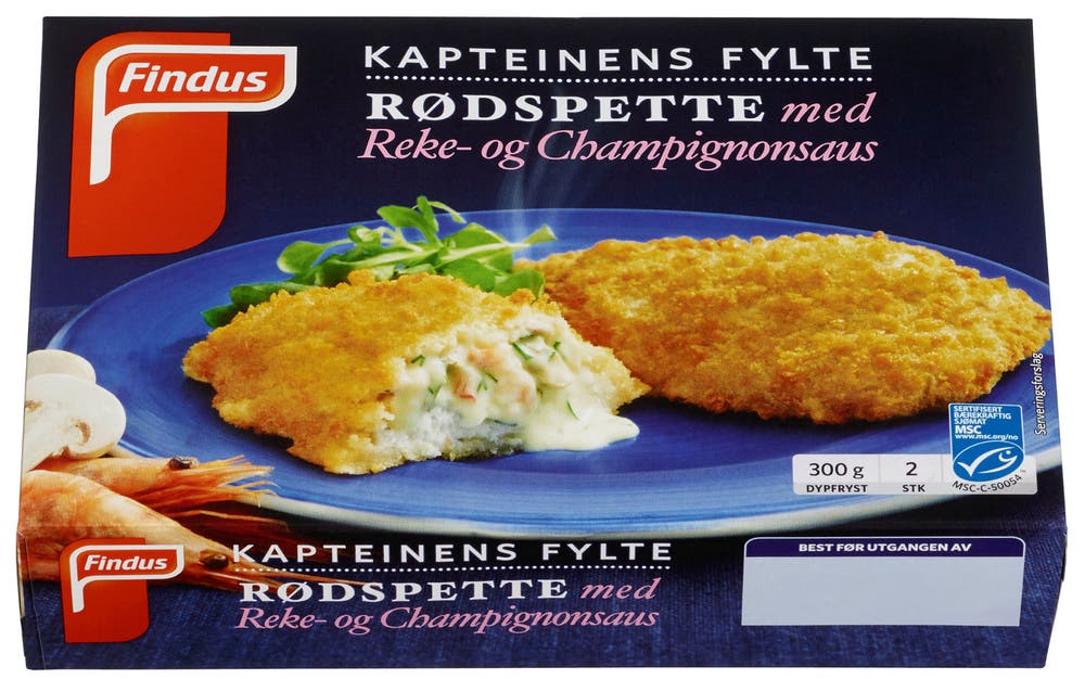 Findus Kapteinens Fylte Rødspette Med Reke- og Champignonsaus