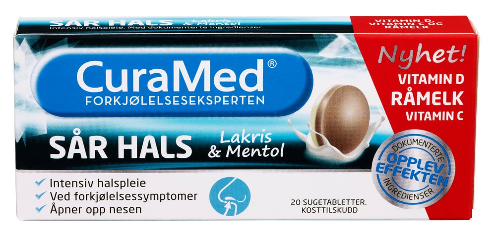 Curamed Sår Hals Sugetablett Mentol og Lakris