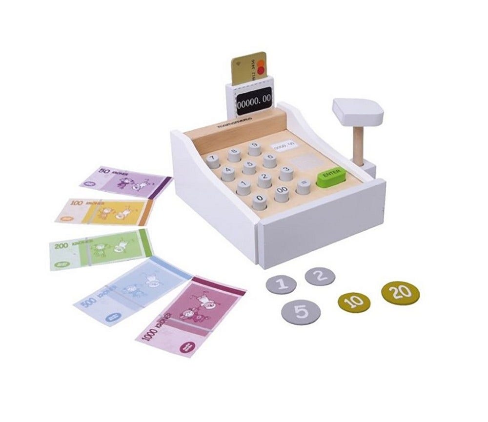 Sprell Kasseapparat i tre med penger og bankkort