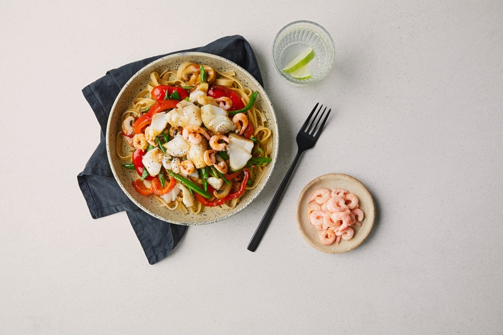 Wok med torsk og reker