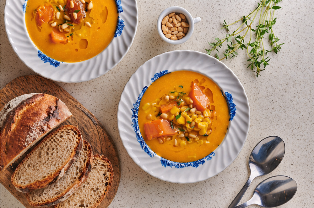 Spicy gulrotsuppe med søtpotet & mais