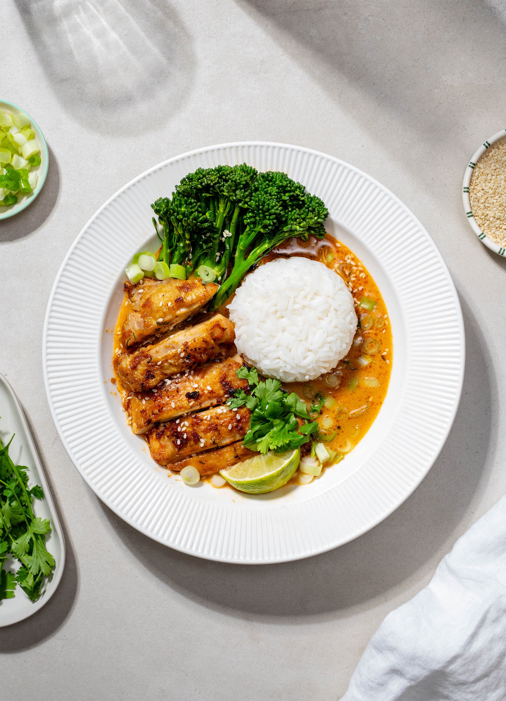 Kylling i kokos- og currykraft med ris